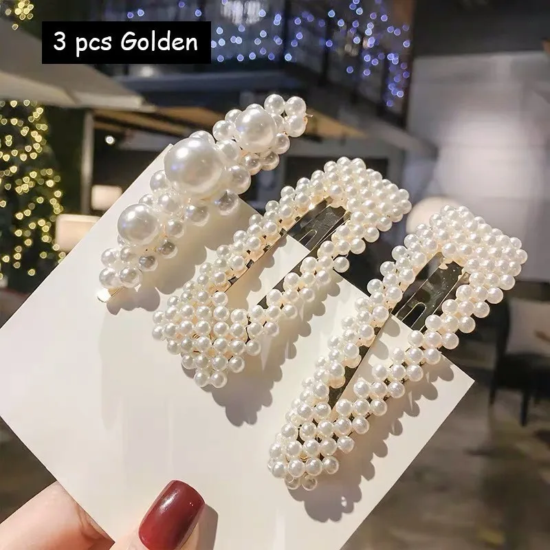 3 pcs Gold 3 Новые корейские заколки с искусственным жемчугом, украшенные бисером, геометрические женские заколки для волос, аксессуары для волос, ювелирные изделия для девочек, модные заколки для волос - Цвет: 3 pcs Gold 3
