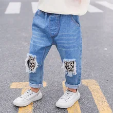 Г. Осенние новые стильные джинсы для маленьких девочек с леопардовым узором в Корейском стиле; детские брюки