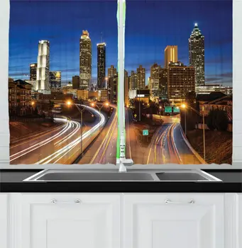 

Multicolor Cityscape Kitchen Curtains Vibrant Image Atlanta Downtown at Nighttime Multiple Lane Highway Skyscrapers for Kitchen