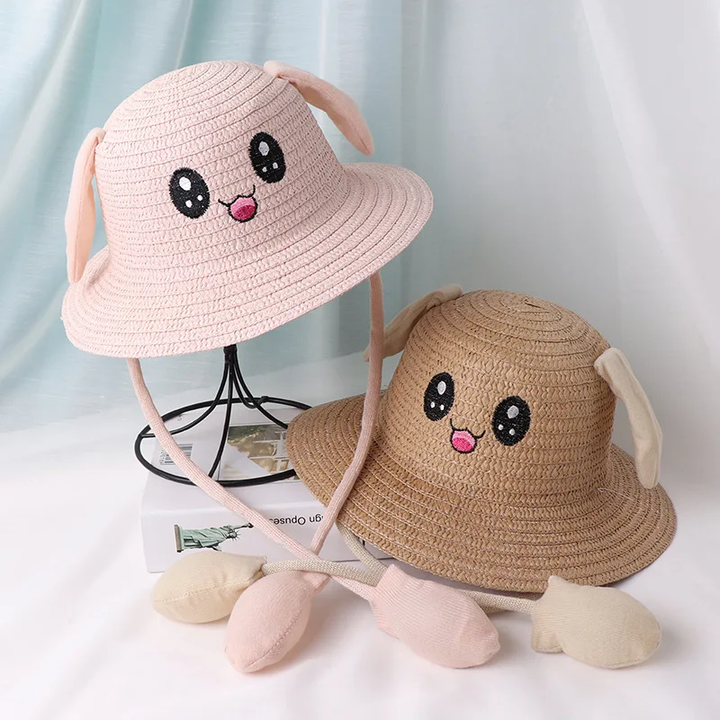 Xinyixiang-Sombrero de paja con Orejas de conejo en movimiento para niños, gorra bonita de dibujos animados, conejito rosa, salida de primavera, Sombrero de cubo para el sol