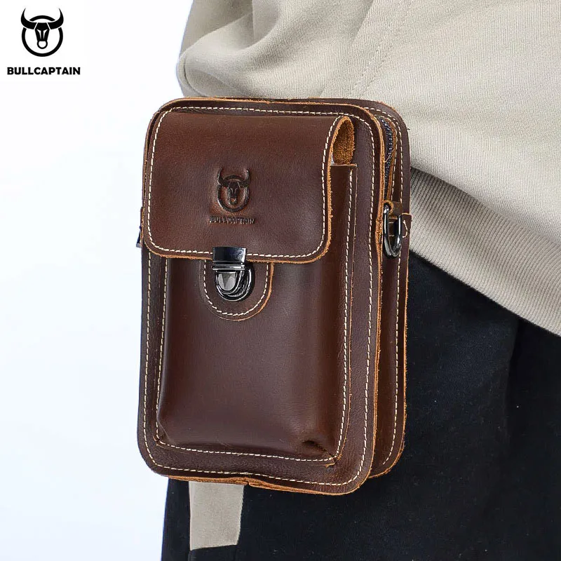 BULLCAPTAIN100% Crazy horse leather Male Waist Pack Phone Pouch Bags Waist Bag Men's Small chest Shoulder Belt Bag back pack075