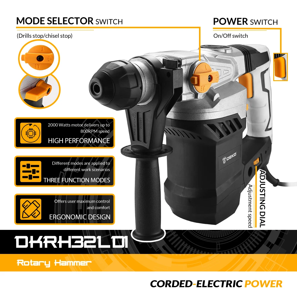 DEKO DKRH32LD1 2000 Вт 220 В Многофункциональный Перфоратор с BMC и 6 аксессуаров, Электрический отбойный молоток, ударная дрель