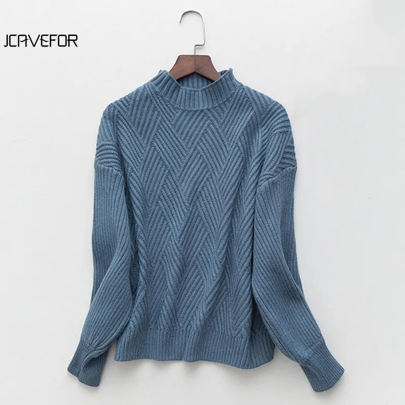 Winter Autumn Women Polyester Oversized Knitted Sweater Lantern Sleeve Diamond Basic Thicken Pullovers Pull Femme | Женская одежда