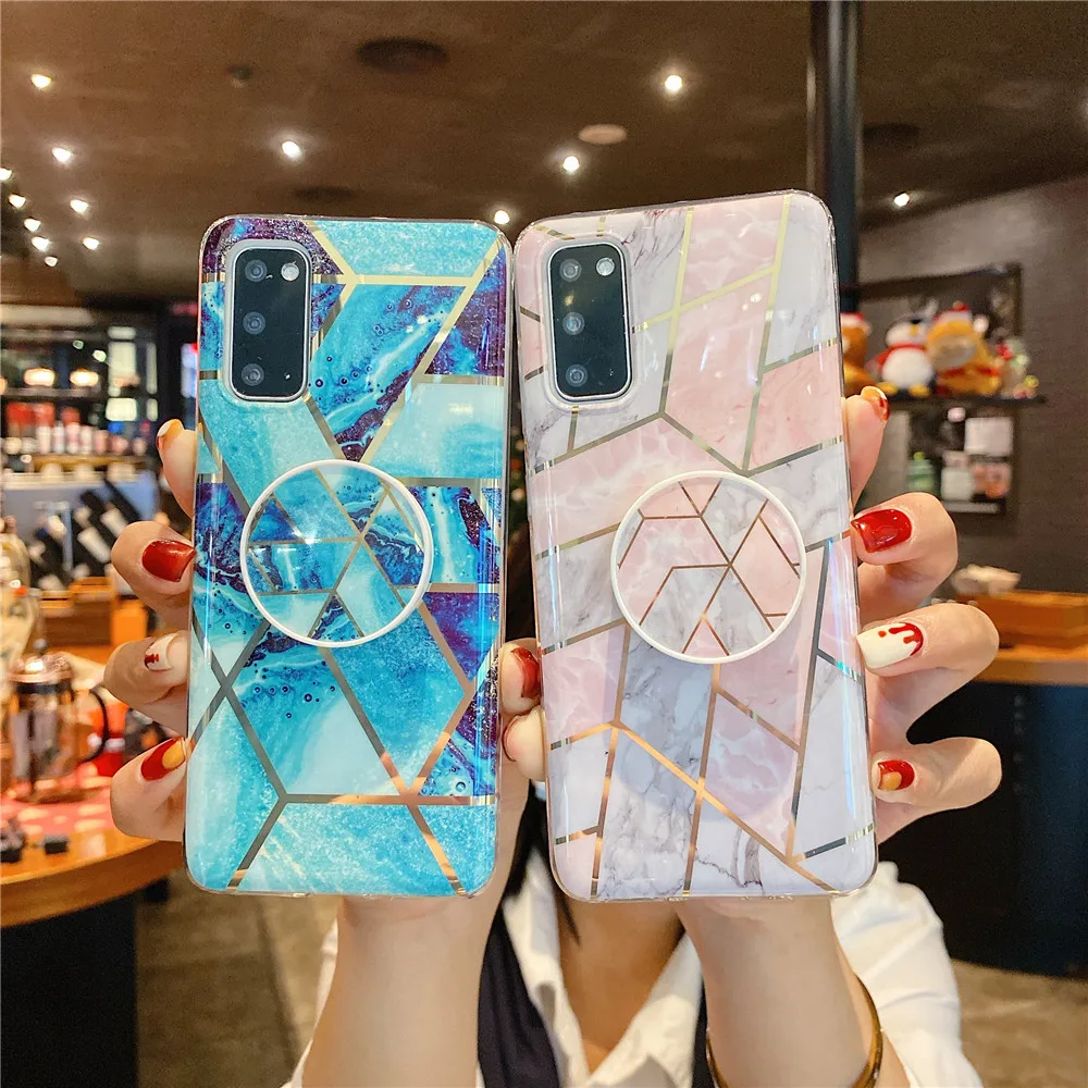 Marble Stand Phone Holder Case for Samsung Galaxy S20 FE S21 Ultra S10 Note 20 10 Plus Glossy Granite Stone Texture TPU Cover | Мобильные