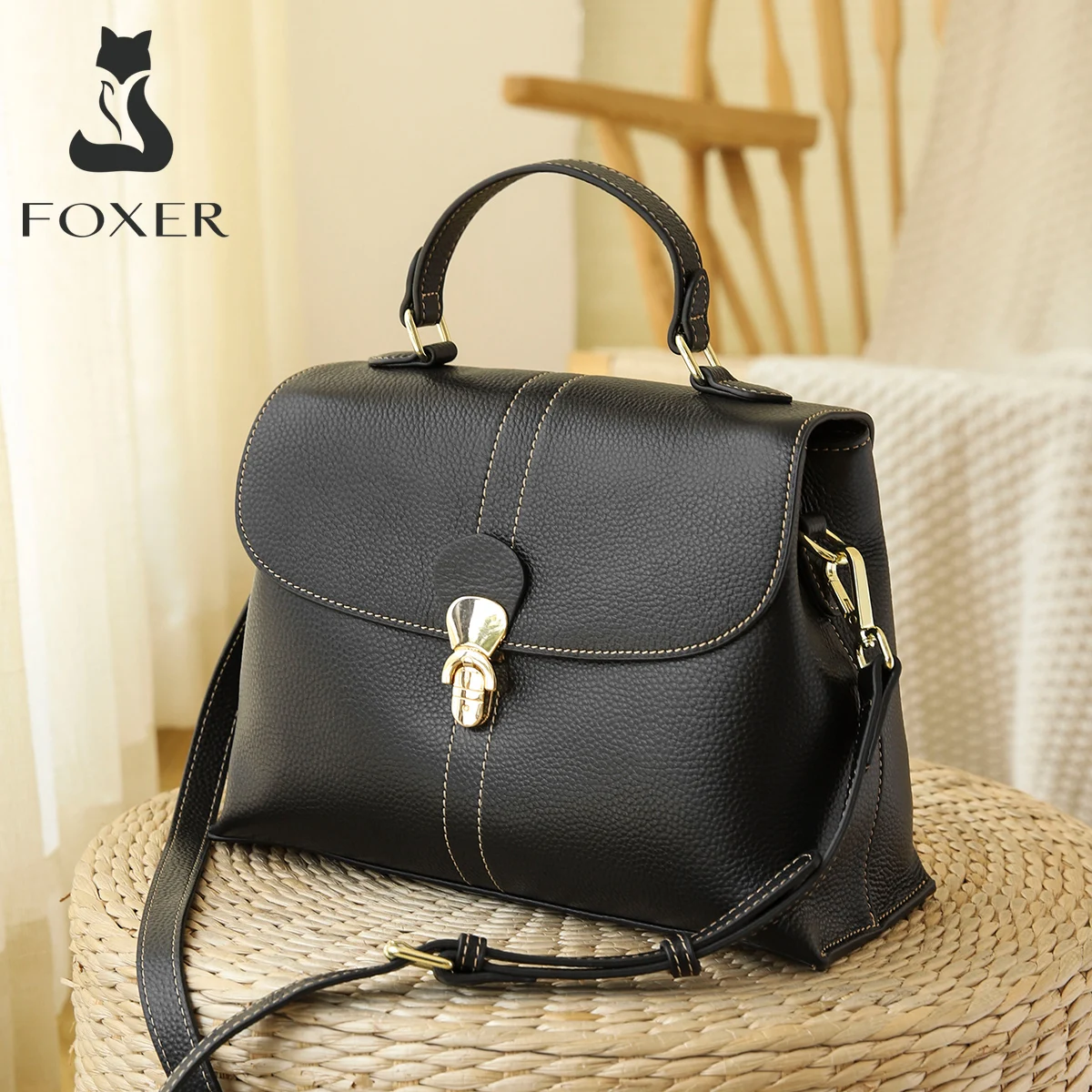 

FOXER Genuine Leather Women Soft Shoulder Bags Female Stylish Purse Lady Elegant Totes Large Capacity Ladies Commute Handle Bag