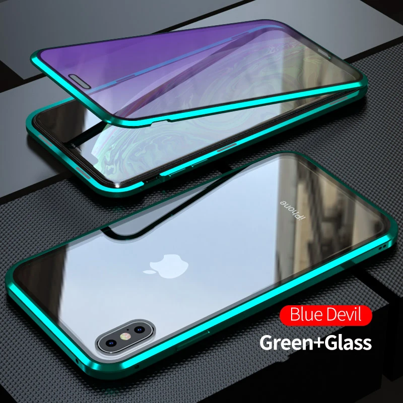 Чехол для Apple iPhone X XS MAX XR 8 7 6s Plus, анти-синий светильник, экран и заднее закаленное стекло 360, полная защита, металлический чехол - Цвет: Green