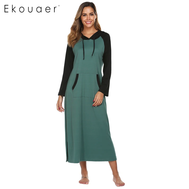 Ekouaer Пижама сорочка ночная рубашка Повседневная однотонная с длинным рукавом женская с капюшоном Длинная Ночная рубашка женская домашняя одежда размера плюс