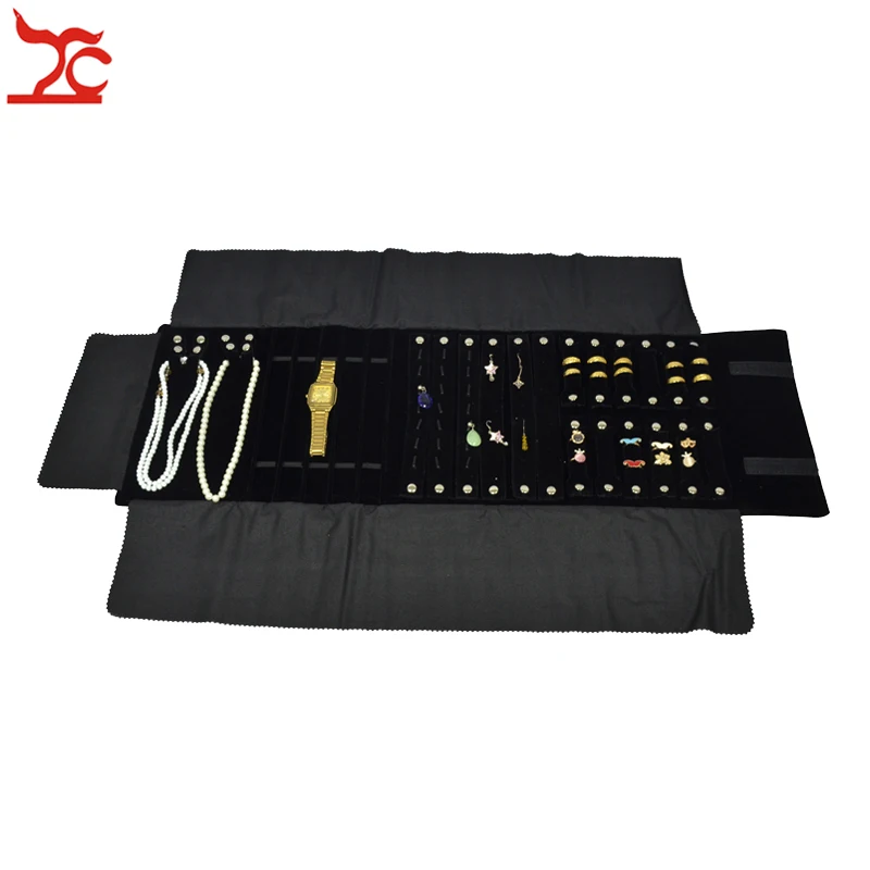 Large Capacity Velvet Jewelry Organizer Travel Roll Bag Foldable Necklace Watch Earrings Ring Chain Display Storage Showcase Bag