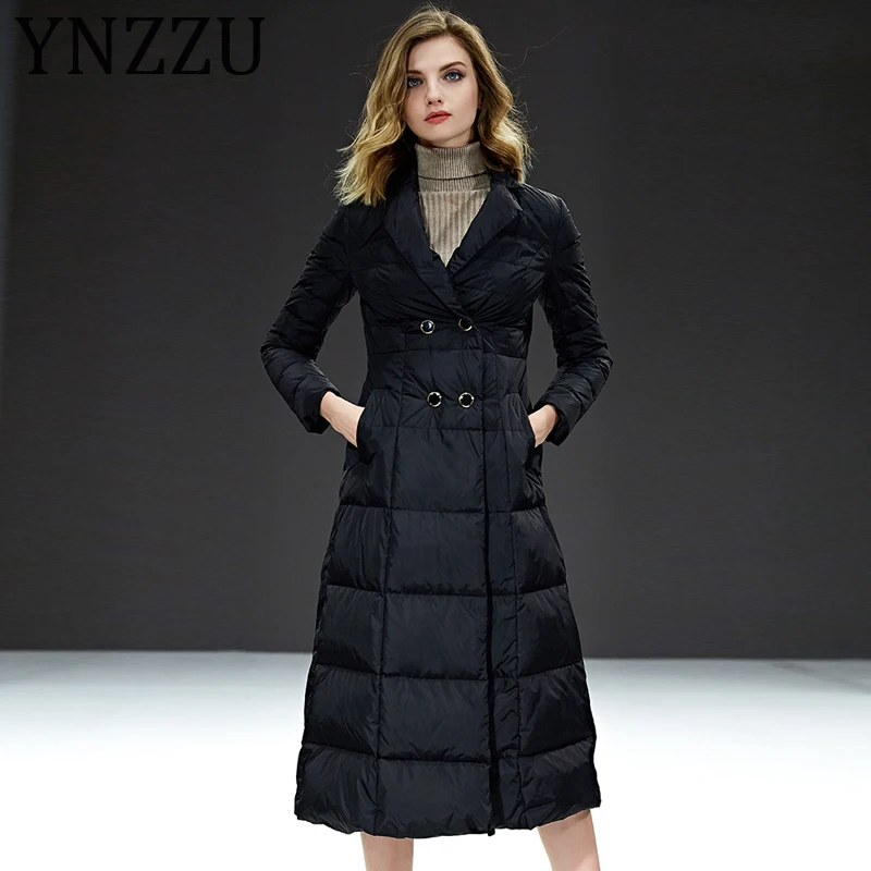 

YNZZU Elegant High Waist Women's Down Jacket 2019 New Winter Black Long Style Turn Down Collar Office Lady Duck Down Coat A1147