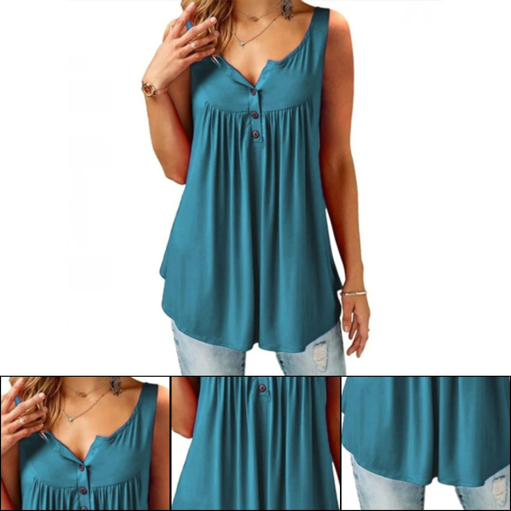 Solid Top Summer Tunic Cotton Blend Casual Women Vest Fashion Party Ruffle Edge V Neck Ladies Button Up Sexy