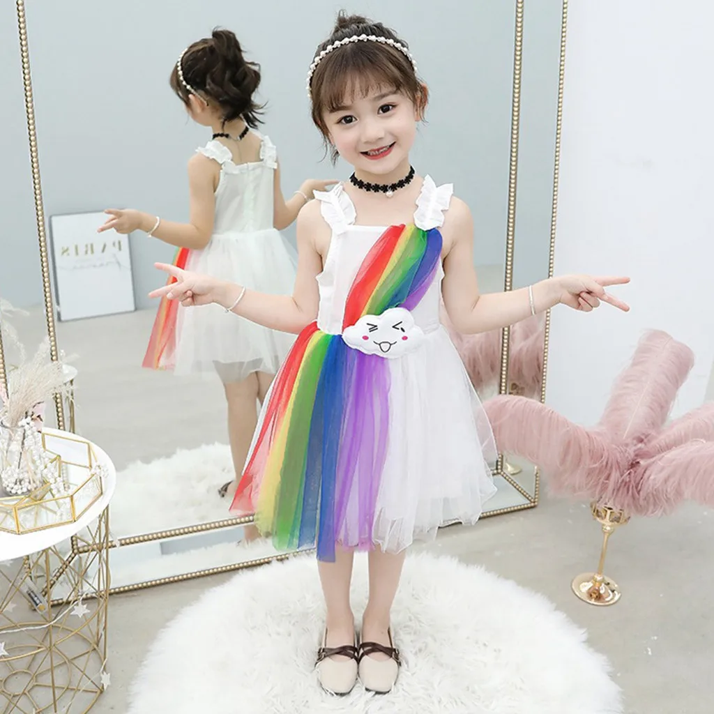 

Summer New Fashion Toddler Baby Girls Sleeveless Cartoon Rainbow Tulle Dress Princess Dresses Clothes فساتين اطفال Z4