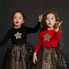 Розничная, платья для девочек с блестками и звездами, коллекция года, осеннее платье блестящее фатиновое платье принцессы с длинными рукавами для девочек, одежда для малышей возрастом от 2 до 8 лет