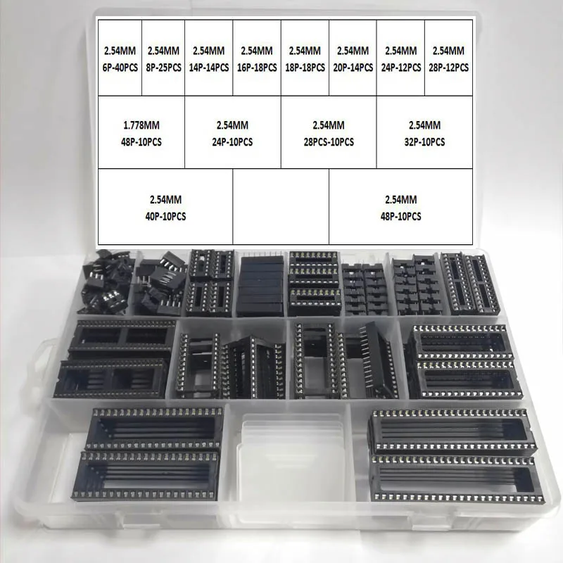 DIP IC Socket 213Pcs/Box 2.54 1.778 mm Pitch DIP IC Sockets Solder Type Adaptor Assortment Kit (6/8/14/16/18/20/24/28/40/48 Pins)