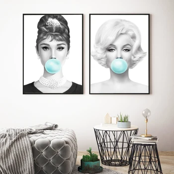 

Marilyn Monroe Posters and Prints Chewing Green Bubble Gum Canvas Print Wall Art Picture Audrey Hepburn Painting for Living Room