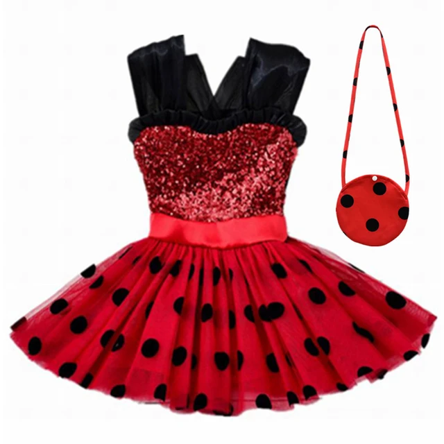 Carnival 2020 Red bug cosplay Girls Dress Summer Clothes Redbug Party Dress Children's day Lace Dot Baby Girls Dresses 2pcs-Set