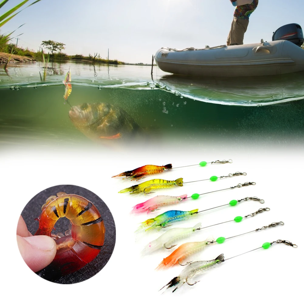 

7 Pcs Luminous Shrimp Lure Set Artificial Silicone Glow Fishing Bait with Hook Swivel Beads for Fishing Tackles Accessories