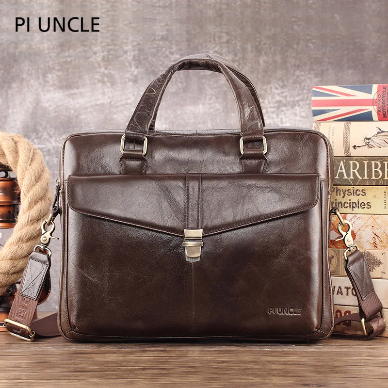 

PI UNCLE Brand Genuine Leather Business 14' Briefcase Top-handle Handbag Men's Crossbody Shoulder Bag Men Cowhide Messenger Bags