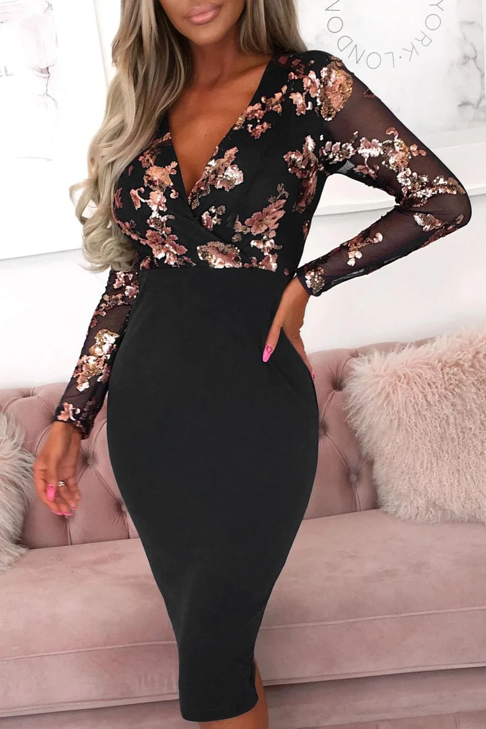mesh sequin rose bodycon dress