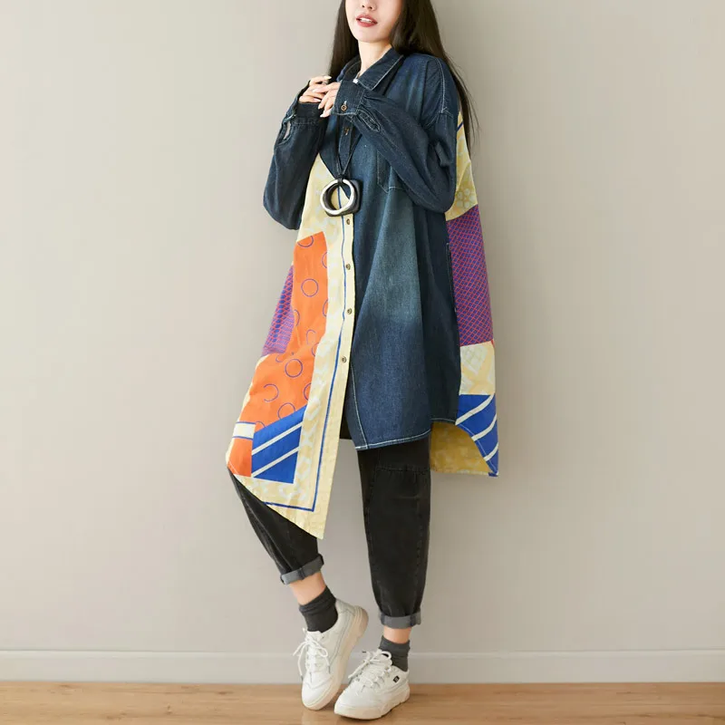 

New Retro Asymmetric Patchwork Floral Print Turn-down Collar Women Denim Shirt 2019 Autumn Loose Plus Size Long Shirts