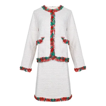 

Luxury Tweed Suit Women Skirt Set Floral Print Cardigan Coat and Skirt Ladies Two Piece Set Elegant Work Wear Outfits Clothes