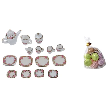 

Set of 15Pcs 1/12 Dollhouse Miniature Dining Ware Porcelain Tea Set with 10Pcs 1/12 Miniature Dollhouse Macaron