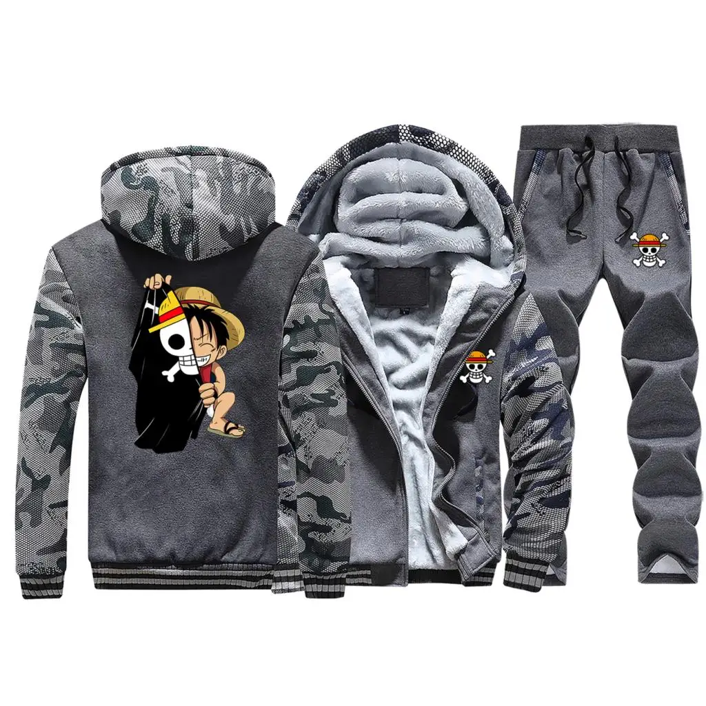 Dark Gray Зима Япония аниме мультфильм Луффи цельные мужские толстовки теплая куртка пальто толстый костюм Толстовка камуфляж+ 2 шт комплект брюки - Цвет: Dark Gray