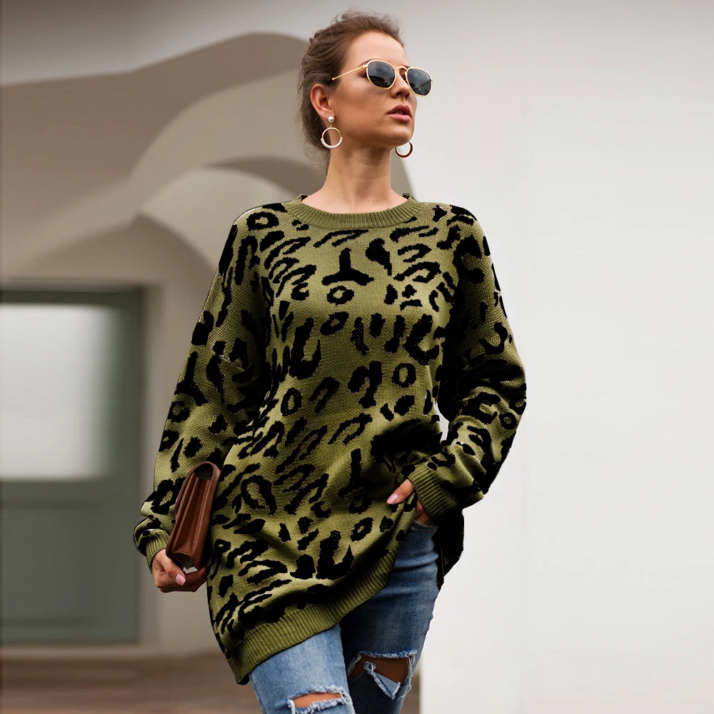 Осенне-зимняя одежда Женский Длинный свитер Модные женские свободные пуловеры и Свитера леопардовый принт вязаный свитер