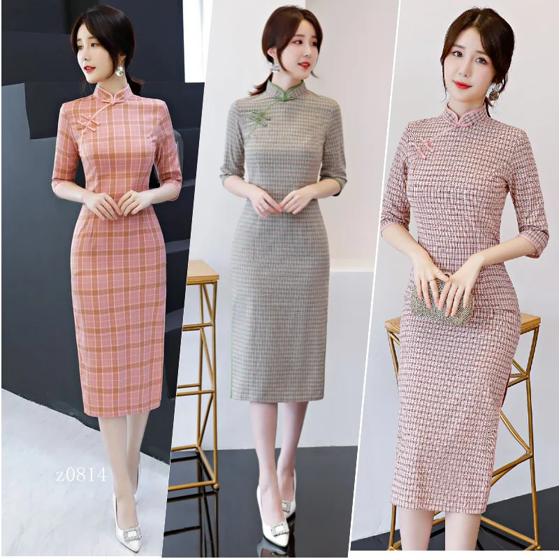 

2020 Sale Quinceanera Ball Gown Cheongsam Autumn New Women's Chinese Style Retro Plaid Girl Slim Improved Dress Medium Length