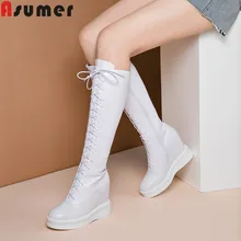 ASUMER/модные сапоги из натуральной кожи; женские сапоги до колена на платформе; зимние сапоги на танкетке с перекрестной шнуровкой; размеры 34-40
