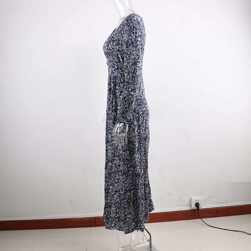 Nadafair פנס בציר שרוול חופשת Boho שמלת ארוך V צוואר אונליין גבוה מותן אלגנטי רטרו פרחוני מקסי שמלת נשים Vestidos