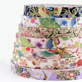 

Sisi 10 25 50mm Japanese Kimono Style Floral Lavender Ribbon Crane Print Fabric Cotton Bias DIY Hair Bow Collar Handmade Trim