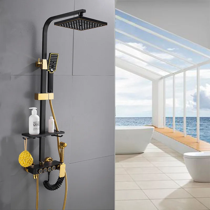 

Complete Copper Shower Head Set Retro Black And White with Pattern Height Adjustable Supercharge Rain Nozzle European Style Mult