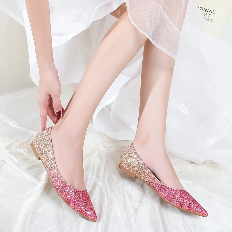 Fashion Women Flat Ballet Shoes Bling Pointed Toe Flats Shoes Elegant Comfortable Lady Shiny Flat Wedding shoes size 31-45 women loafers