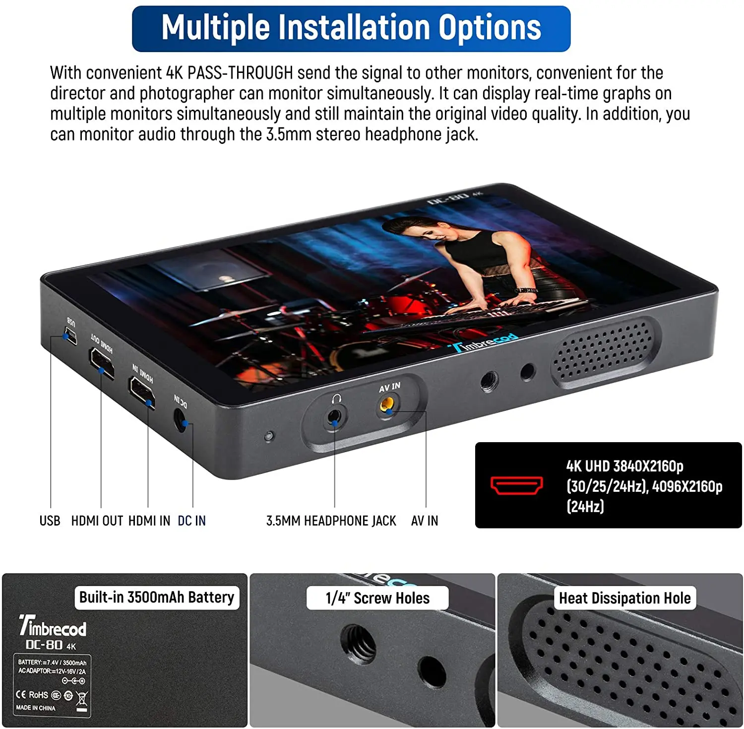 Timbrecod DC-80 7“ Touch Screen Camera Video Monitor 1920x1200 IPS 4K Pass-Through 4K HDMI Camera Field Monitor with Tilt Arm