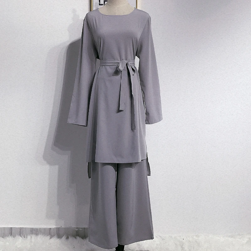 Grey Suit Set Siskakia мусульманское женское платье набор короткие модные однотонные пуловеры топы с широкими штанами осень офисный Женский комплект из 2 предметов - Цвет: Grey Suit Set