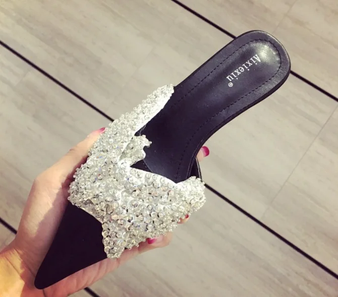 

INS Super Fire Muller Slipper! Summer Silk Fabrics Pointed-Toe Man-made Diamond Sequin High Heel Shoes Slippers WOMEN'S Shoes