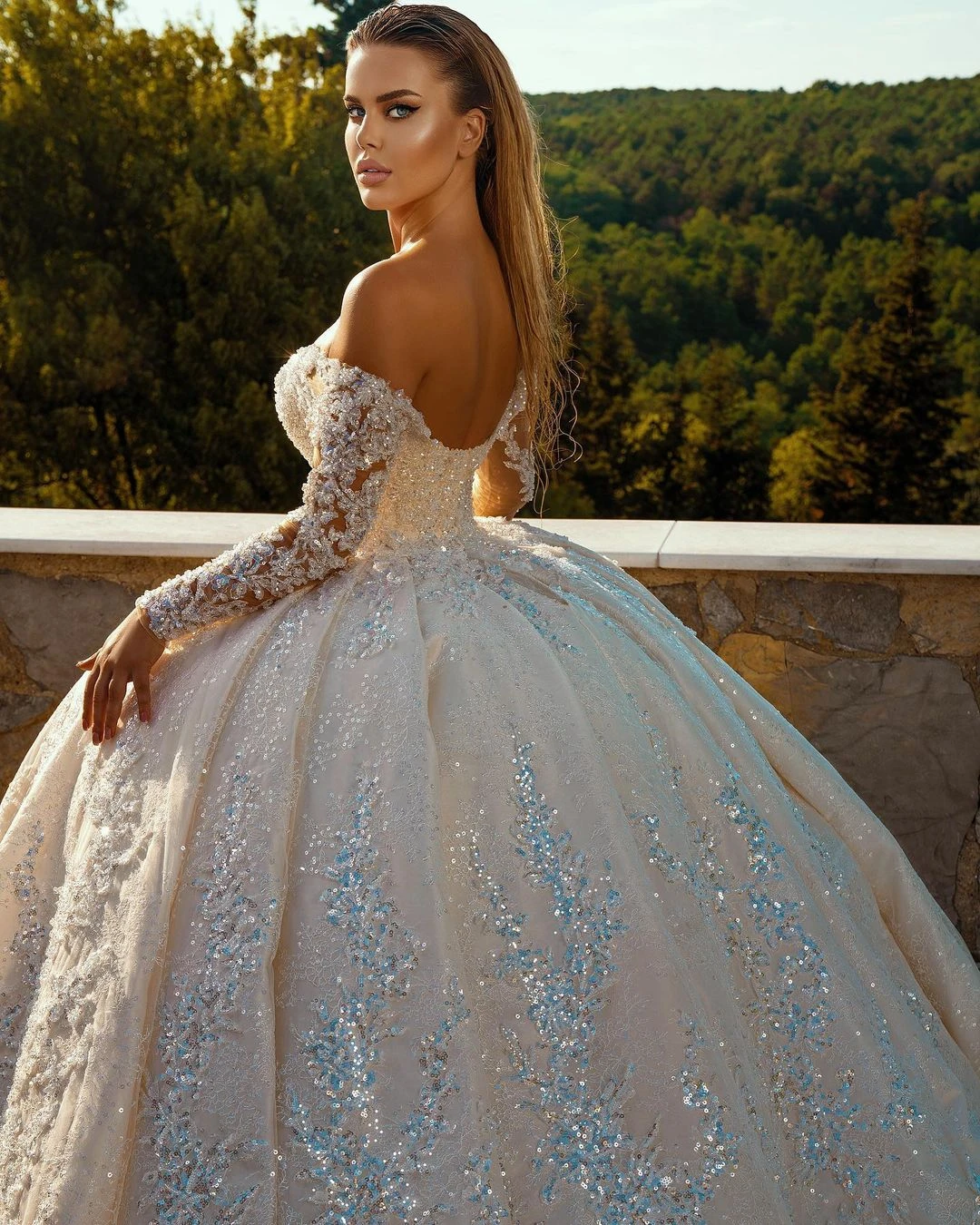 Arabian Style Illusion Ball Gown Wedding Dress with Church Train