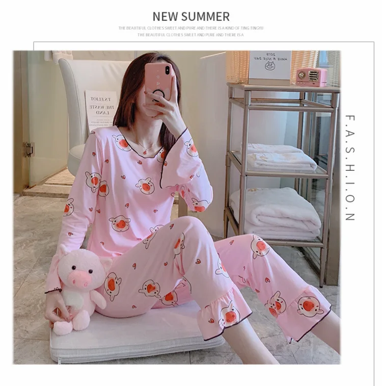 Wontive Autumn Women Long Sleepwear Suit Home Women Gift Female Sleepwear Cartoon female big plus size womens pajamas Sets