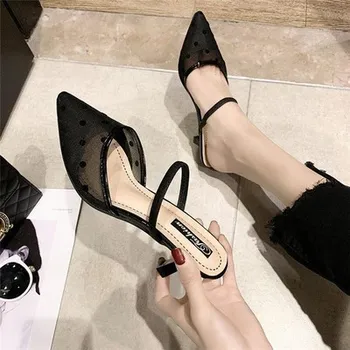 

European and American fashion 2020 new sexy lace pointed half slippers elastic band with thin heel