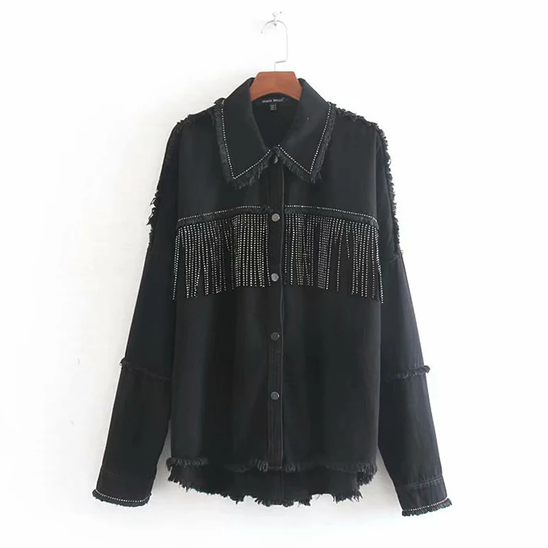 

Single breasted tassel denim Jacket Women beading decoration vintage black cotton loose jeans Jacket military Coat mom's Outwear
