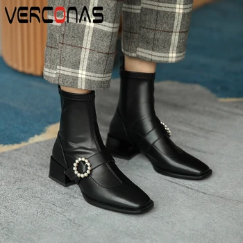 

VERCONAS Fashion Elegant Concise New Woman Ankle Boots 2020 Autumn Winter Warm Pearl Buckle Genuine Leather Short Boots Woman