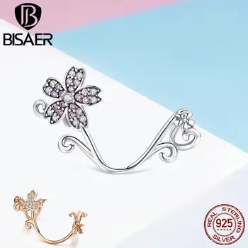 

BISAER New Year Gift 925 Sterling Silver Blooming Cherry Flower Beads Orchid Flower Charms fit Silver 925 Jewelry ECC1033