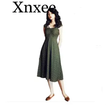 

Summer New style retro Hepburn Wind polkadot chiffon waist hugging dress women's French holiday beach dress