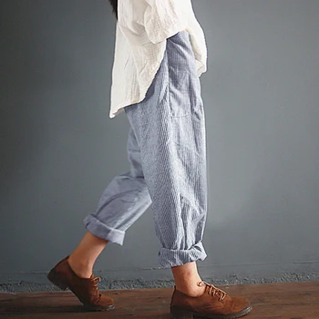 

Autumn Striped Cotton Linen Strechy Elastic High Waist Loose Pants Long Trousers Women's Casual Capris With Pockets Plus Size