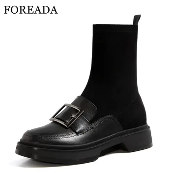 

FOREADA Natural Genuine Leather Mid Calf Boots Flat Platform Woman Boots Buckle Female Shoes Autumn Winter Black Wine Red 34-39