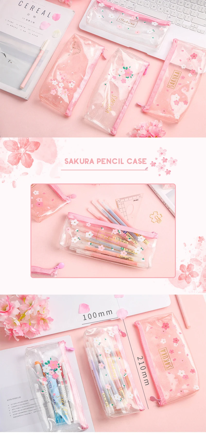 Прозрачный чехол-карандаш Sakura, розовый простой милый чехол-карандаш, школьные принадлежности, канцелярские принадлежности, сумка для хранения, ПВХ детские карандашные чехлы