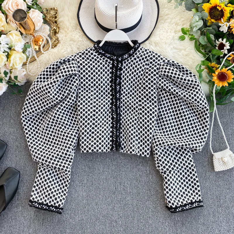 ALPHALMODA винтажный буф рукав короткая куртка для женщин зима пузырь рукав тонкий короткий наряд стильный Горошек Кардиганы твидовый Топ