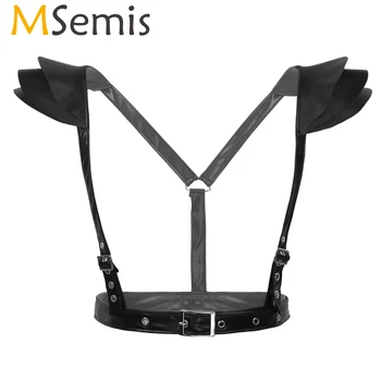 

Black Women Faux Leather Top Body Chest Harness Belt with Tiered Shoulder Armor Backless Open Chest Open Bra Leather Harness