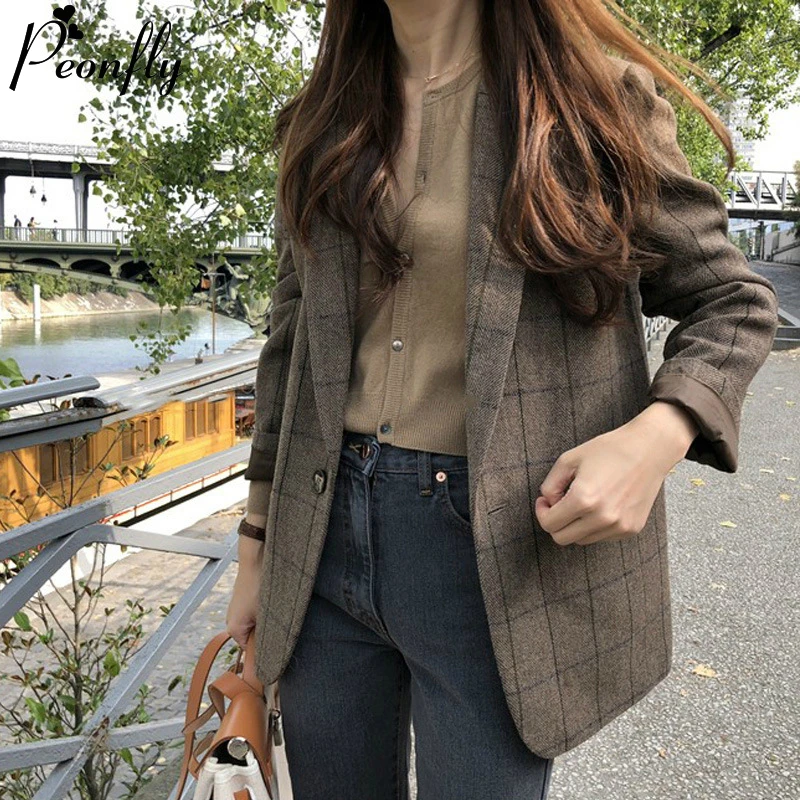 Blazers Women Coat Plaid Single-Button Vintage Korean Spring Feminino Fashion Casual