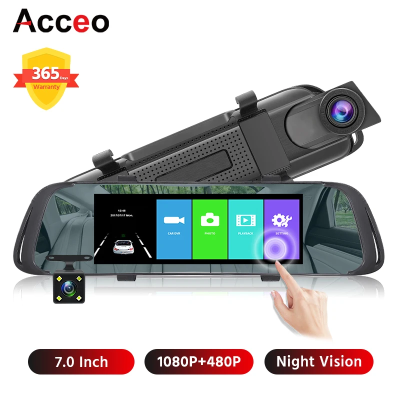 Зеркало видеорегистратор Acceo 7 &quotсенсорный экран FHD 1080P двойной объектив